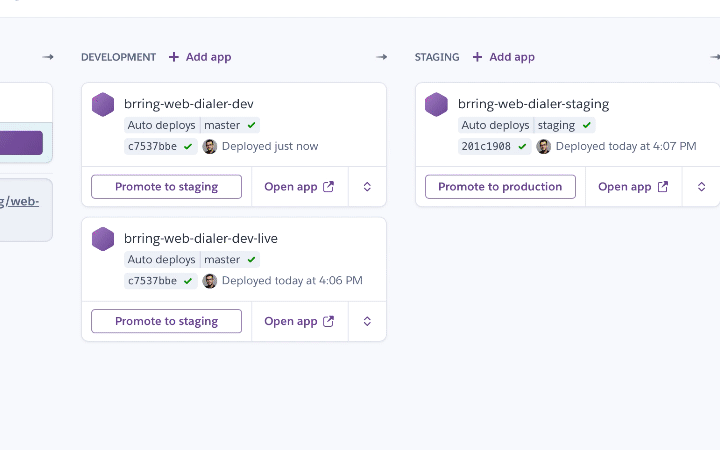 Heroku Dashboard Showing Commit, Test, Build Flow