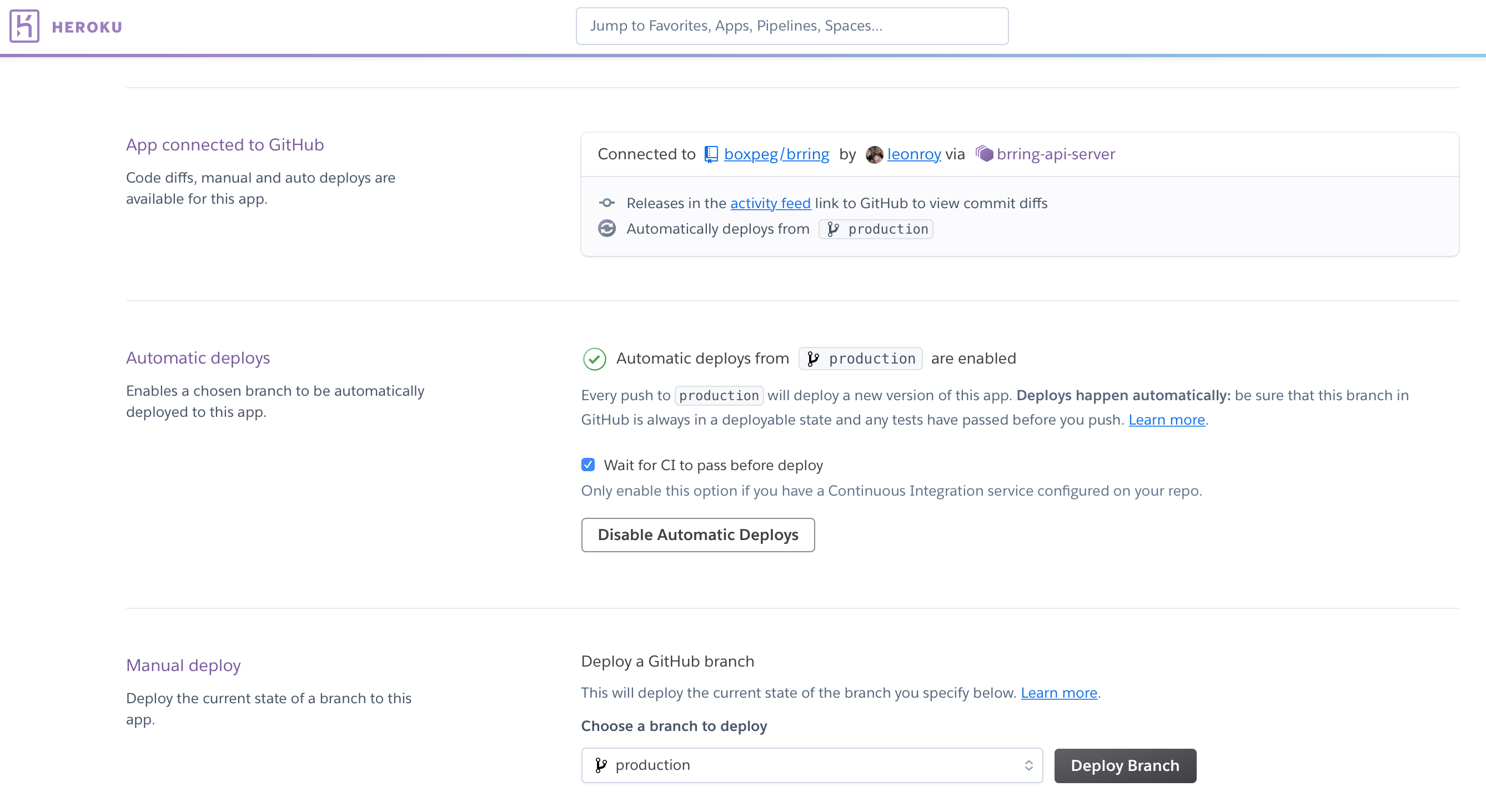 Heroku GitHub Continuous Automatic Deploys Enabled